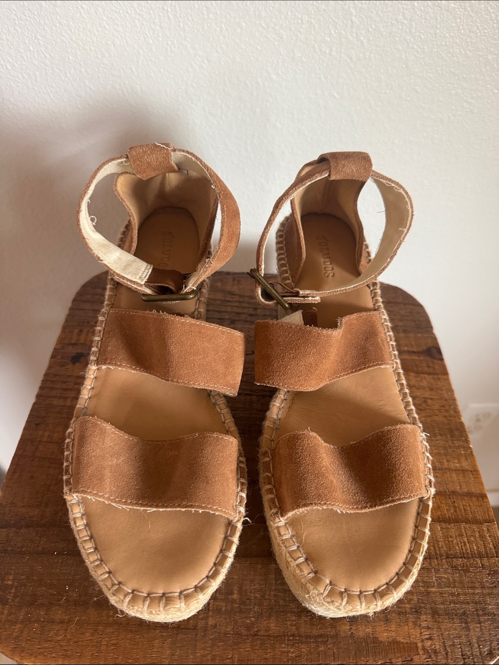 Soludos Tan Suede Espadrille Sandals with Ankle Strap Leather Upper size 9